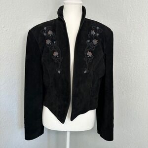 Vintage Frontier American Beaded Pig Split Leather Jacket Womens L Black Western